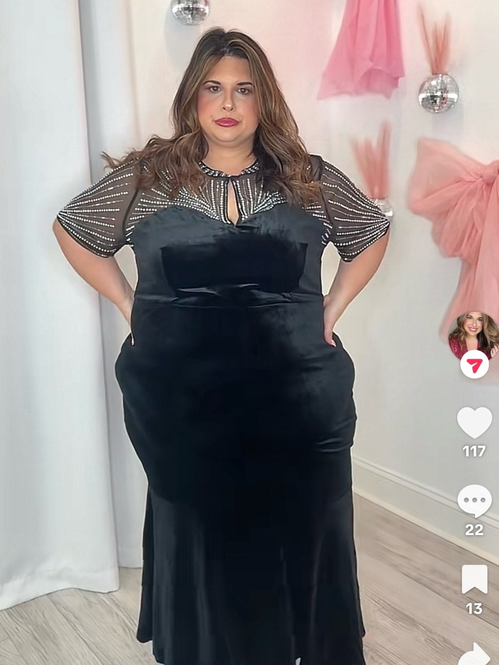 Plus Size Black Velvet Evening Dress with Beaded Sheer Yoke